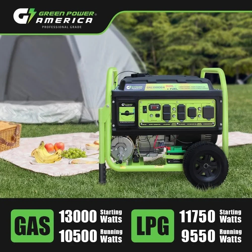 13,000W Dual Fuel Portable Generator, Powered by Gas or Propane, Electric Start, Home Backup & RV Readys