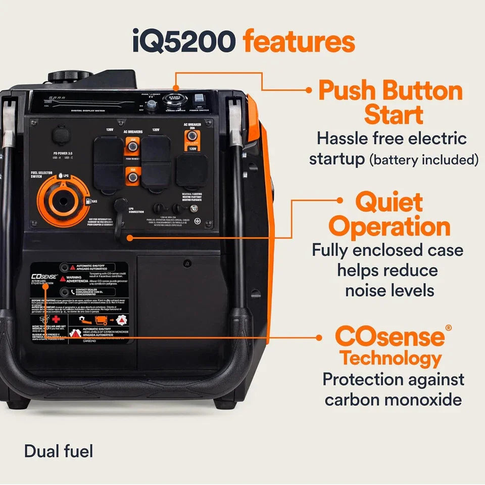 Generac iQ5200 DF 3900 Watt Electric Start Dual Fuel Inverter Generators