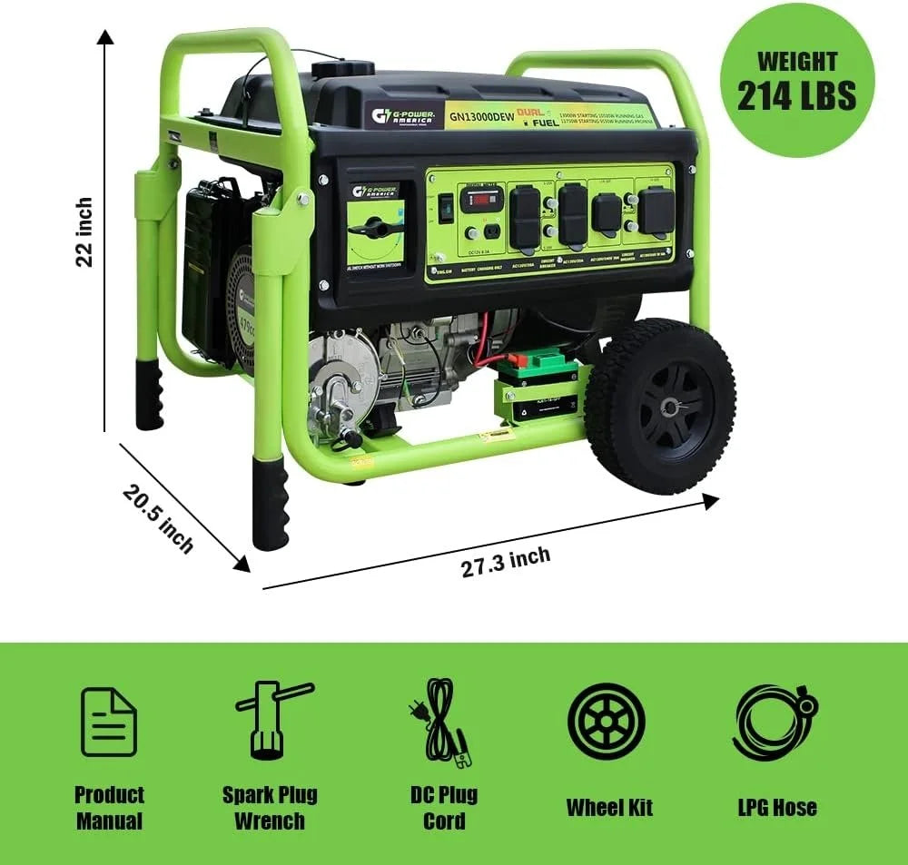 13,000W Dual Fuel Portable Generator, Powered by Gas or Propane, Electric Start, Home Backup & RV Readys