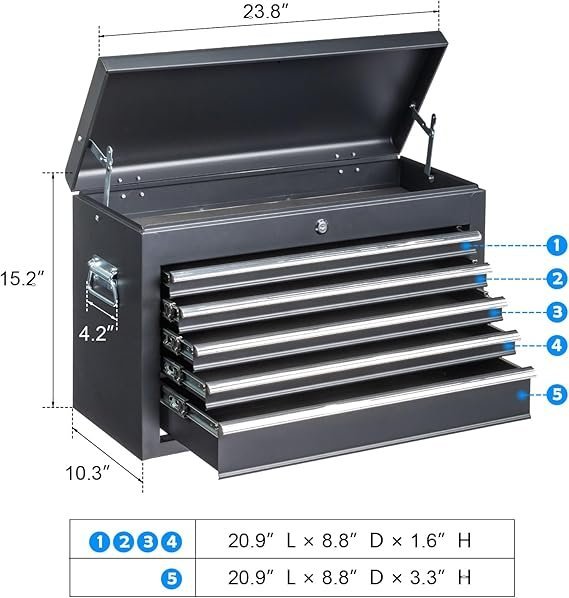 Winado 24" Portable Metal Tool Box, 5 Drawers Toolbox with Top Storage Tray, Carry Handle, Ball Bearing Runners, Lockable Tool Chest Cabinet for Garage, Warehouse, Repair Shop & Home, Black