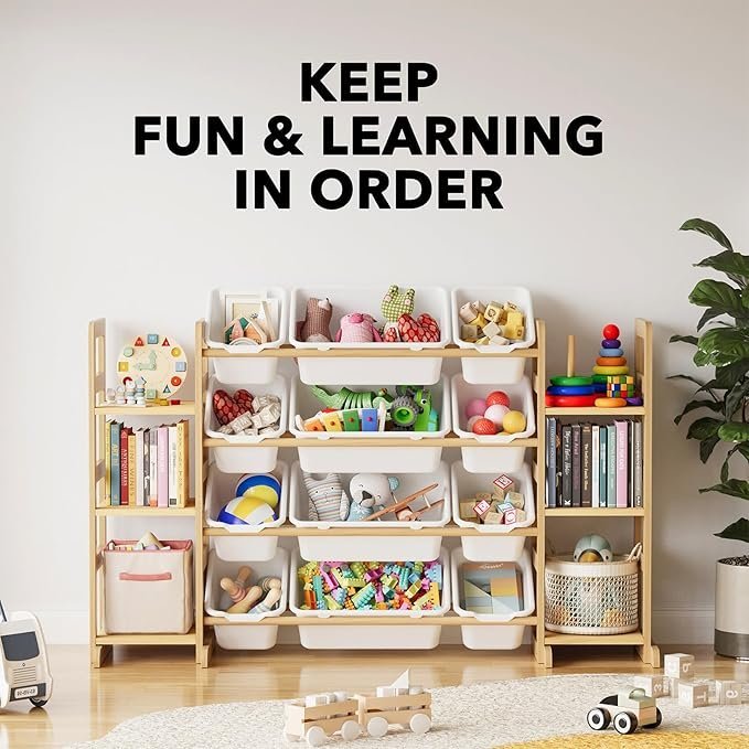 SpaceAid Toy Storage Organizer with 6 Shelves and 12 Bins, Bookshelf/Bookcase, Kids Bin Shelf, Toys Box for Playroom Organization for Bedroom & Room Decor, White, 52.3" W
