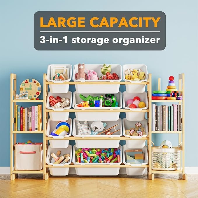 SpaceAid Toy Storage Organizer with 6 Shelves and 12 Bins, Bookshelf/Bookcase, Kids Bin Shelf, Toys Box for Playroom Organization for Bedroom & Room Decor, White, 52.3" W