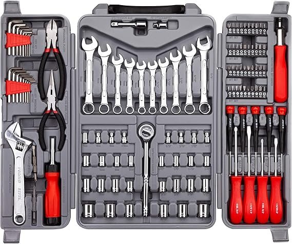 CARTMAN 205 Piece Ratchet Wrench Tool Set 1/4" & 3/8" & 1/2" Drive with SAE/Metric Sockets Kit in Plastic Toolbox